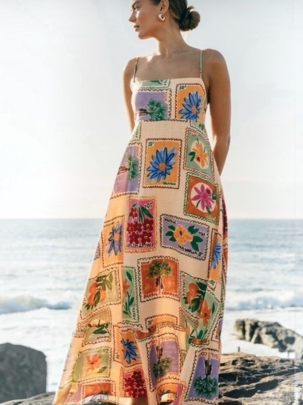 Anthropologie Kindred Floral Postcard Stamp Linen Blend Maxi Dress S NWT